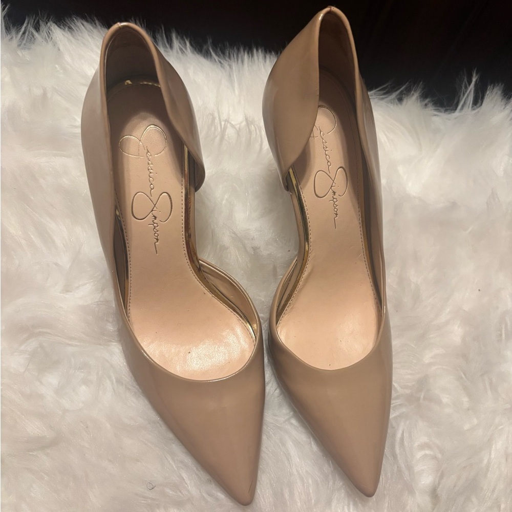 Jessica Simpson D’Orsay Patent Beige Pointed Toe Heel Pumps